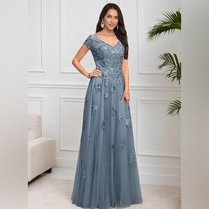 NWNT Powder blue Lace Appliqué’ Tulle  Cap Sleeves gown dress Mother of bride 12